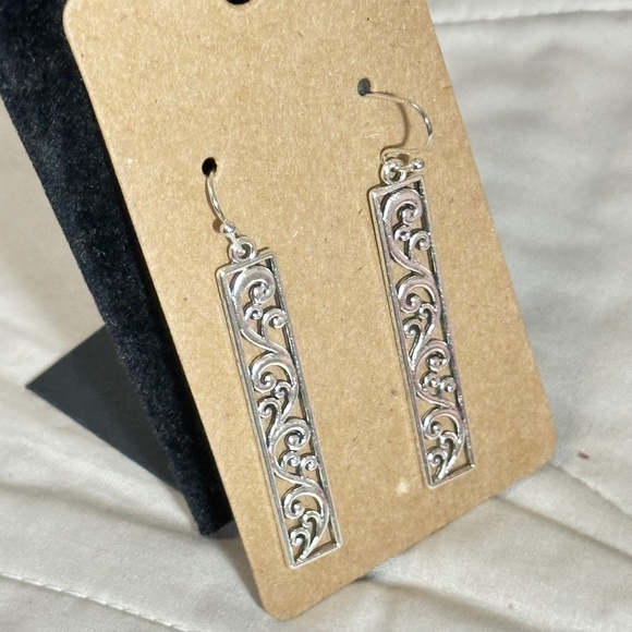 2/$20 Silver tone long rectangular filigree & swirl hook earrings - Picture 7 of 9